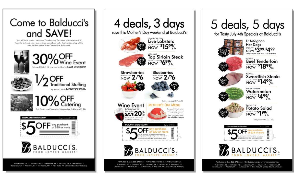 Black and white or black and white with color photograph newspaper and magazine print ads and online media advertising layouts for specialty food food market retailing